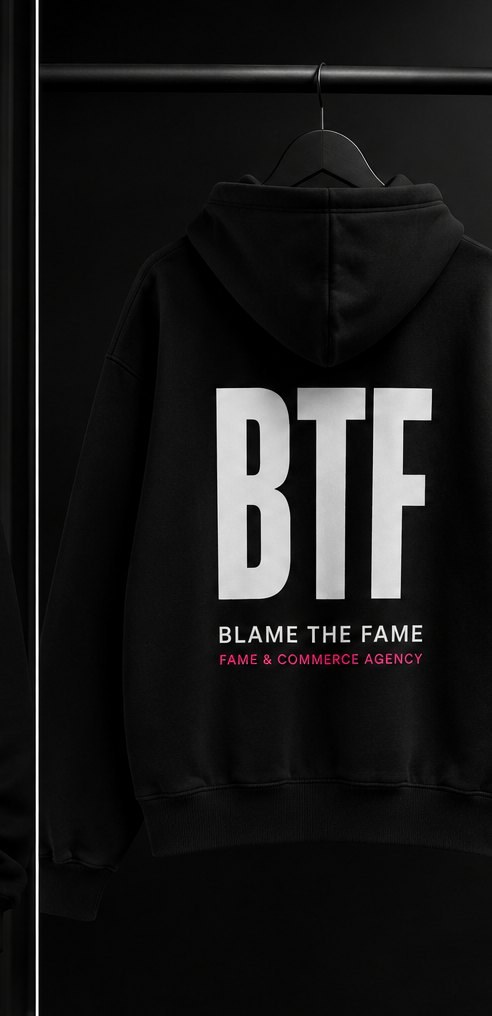 BTF hoodie from the back with a large white BTF wordmark above the words Blame The Fame