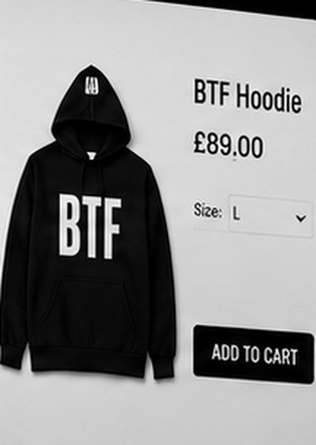 An ecommerce product page for a BTF hoodie priced at 89 pounds with a size selector and add to cart button