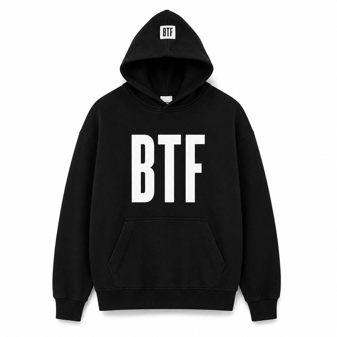The BTF hoodie in black, front view, with a large white condensed BTF wordmark across the chest