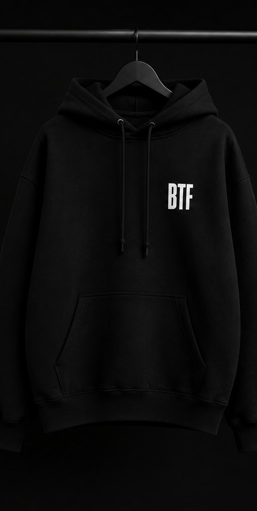 The BTF hoodie hanging on a rail with a small white BTF mark on the chest
