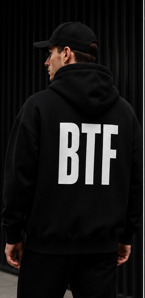 A person wearing the BTF hoodie on the street, seen from behind, with the BTF wordmark across the back