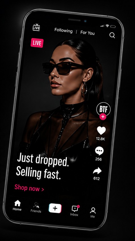 A TikTok LIVE shopping post on a phone reading Just dropped, Selling fast, with a Shop now link